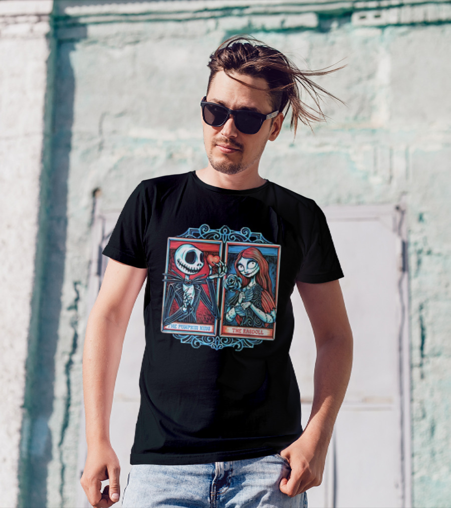 Skeleton Romance Jack Skellington The Pumpkin King And Sally The Ragdoll Heart And Rose T-Shirt