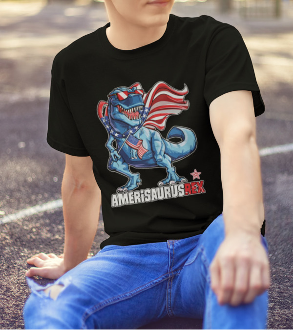 Amerisaurus Rex Dinosaur With American Flag And Sunglasses T-Shirt