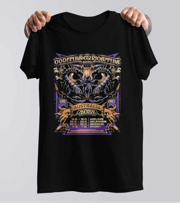 Oddities And Curiosities Expo 2025 Australia Tour Melbourne Adelaide Brisbane Sydney With Scorpion Illustration T-Shirt