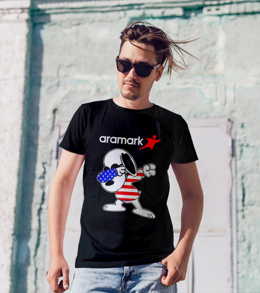 Aramark Snoopy Dabbing American Flag Red White Blue Character T-Shirt
