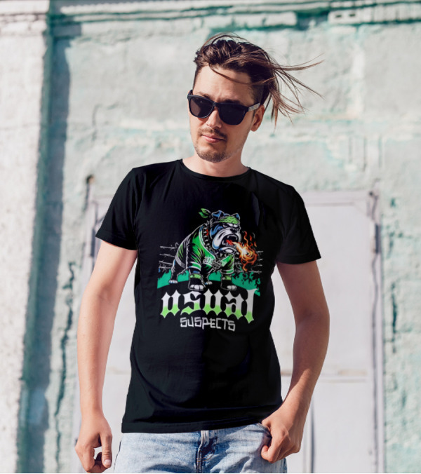 Usual Suspects Bulldog With Fiery Breath And Green Bandana T-Shirt