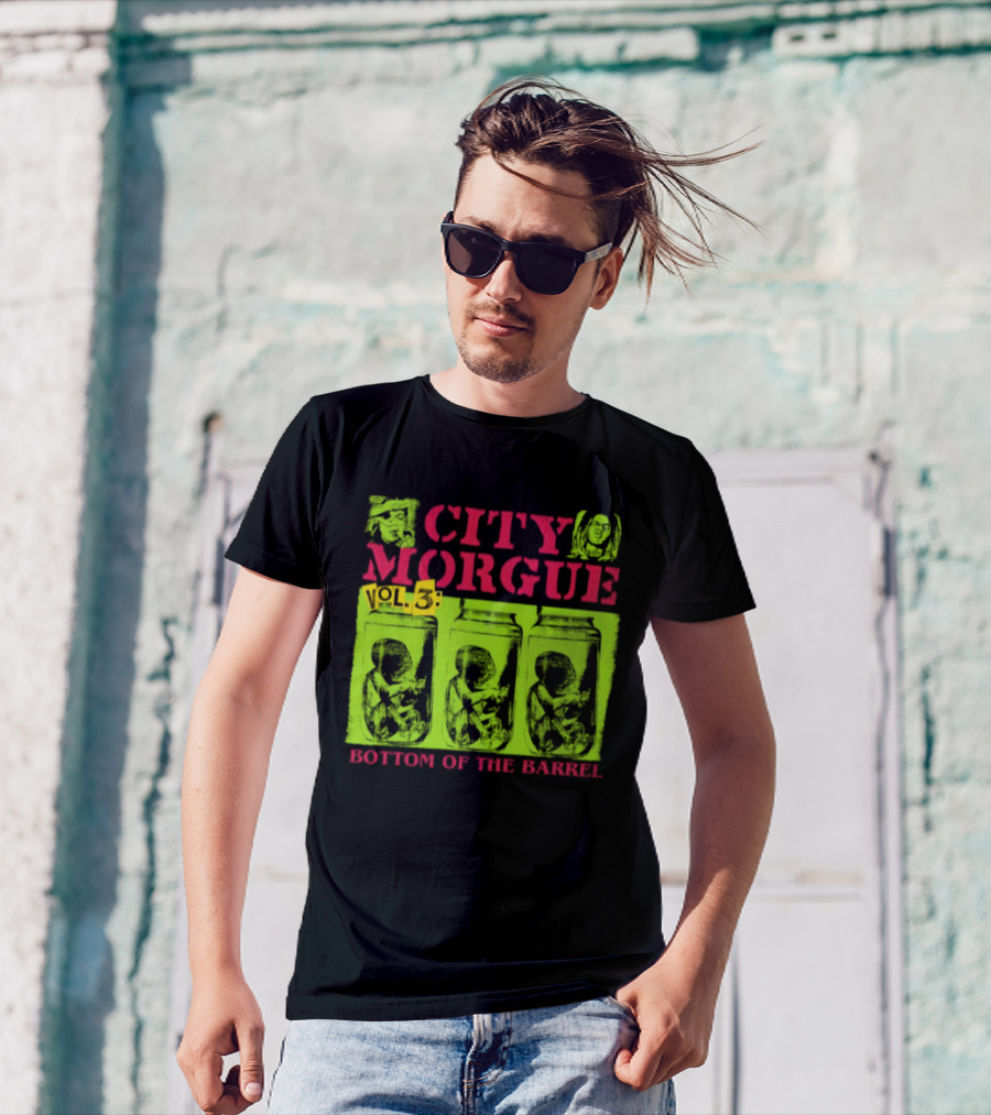 City Morgue Bottom Of The Barrel Green Neon Skeleton Illustrations T-Shirt