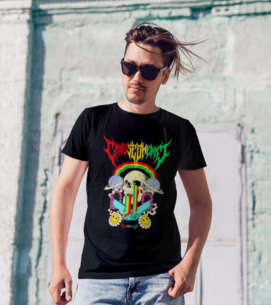 Crossed Heart Skull With Rainbow And Smiley Faces T-Shirt