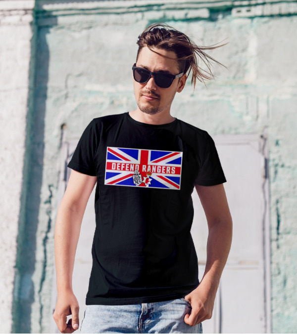 Defend Rangers Union Flag With FCRF Crest And Red Hand Of Ulster T-Shirt