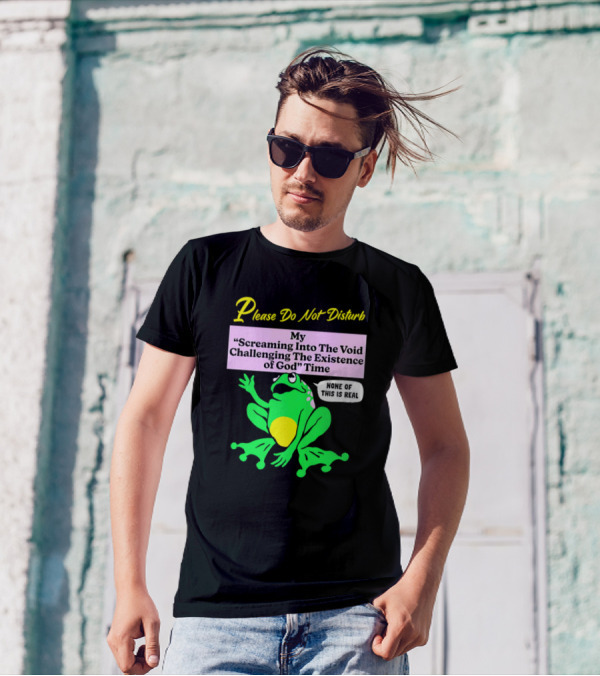 Please Do Not Disturb My Screaming Into The Void Challenging The Existence Of God Time None Of This Is Real Frog T-Shirt