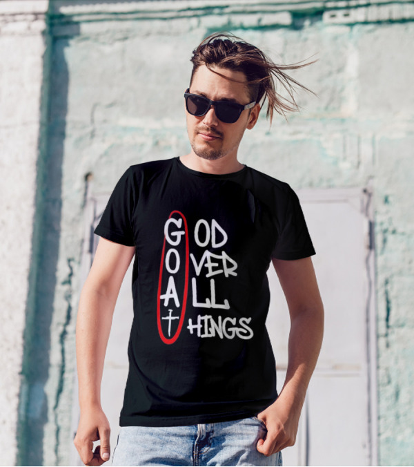 GOAT God Over All Things Sword Cross Graphic Red Oval T-Shirt