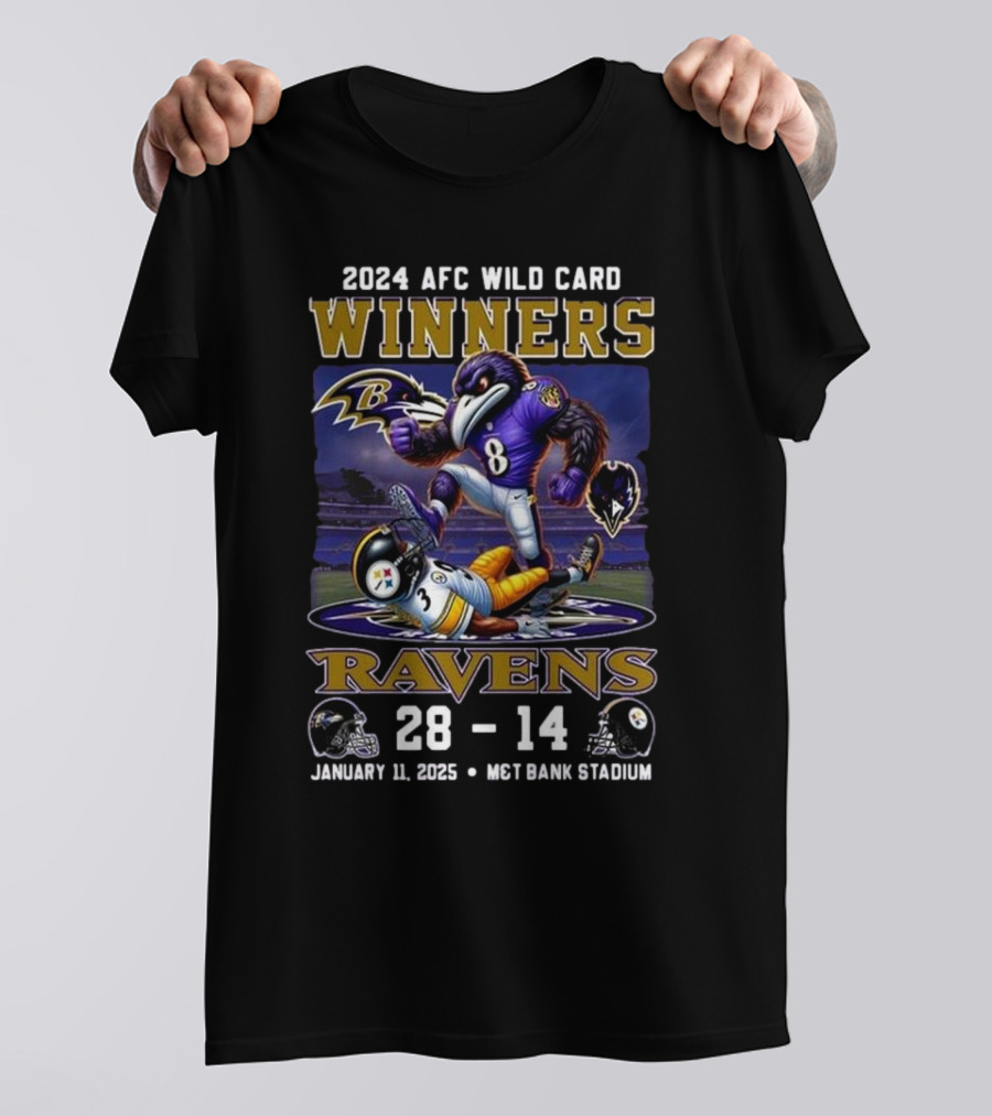 2024 AFC Wild Card Winners Baltimore Ravens Vs. Steelers 28-14 January 11, 2025 M&T Bank Stadium T-Shirt