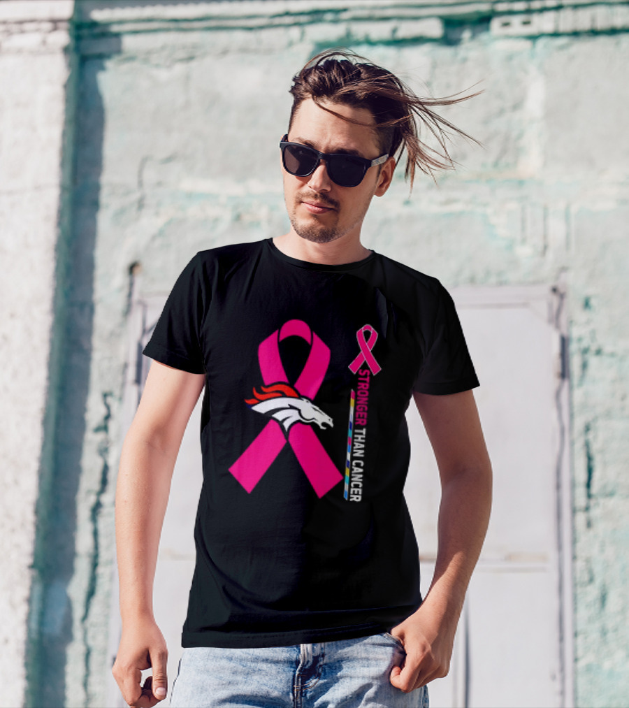 Denver Broncos Pink Ribbon Stronger Than Cancer Awareness T-Shirt