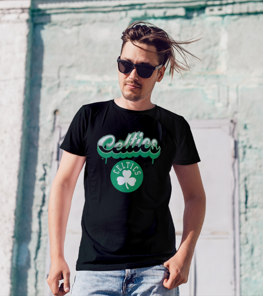 Boston Celtics Bubbly Script Green Clover Emblem T-Shirt