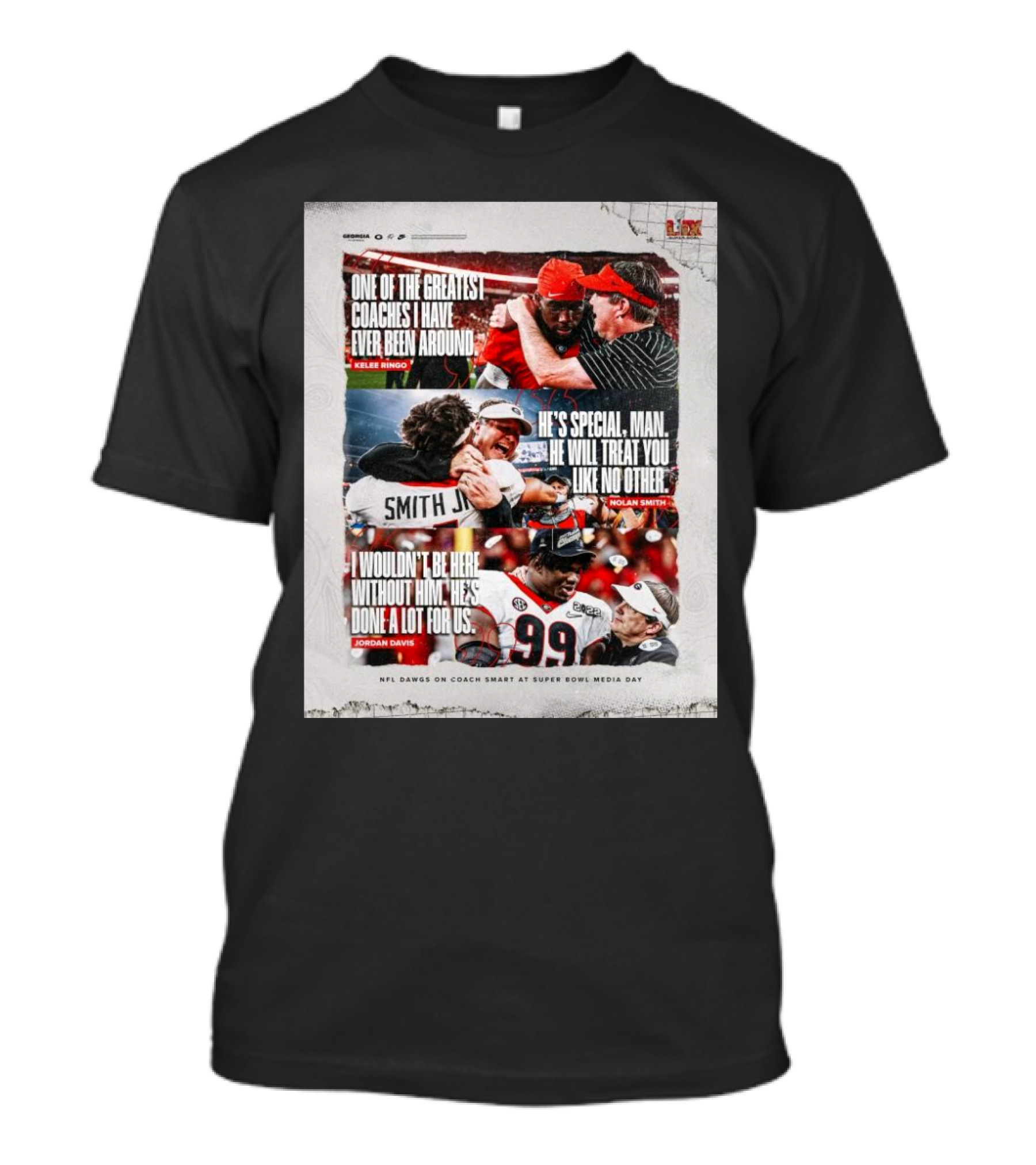 Georgia Bulldogs Football Kelee Ringo Nolan Smith Jordan Davis NFL Dawgs On Coach Smart At Super Bowl Media Day T-Shirt