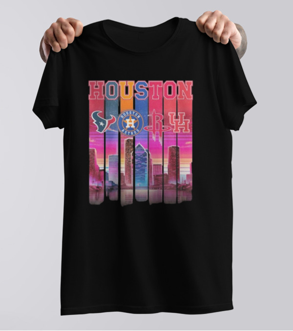 Houston Retro Skyline Texans Astros Rockets And Cougars T-Shirt