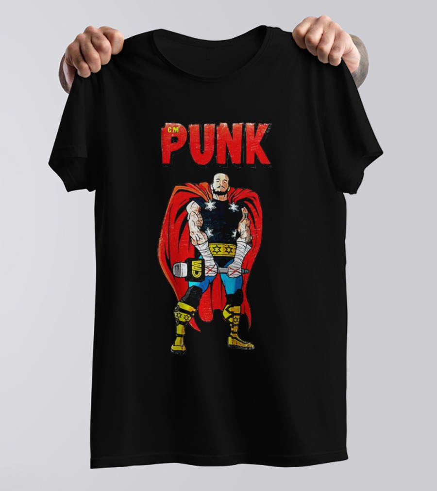 CM Punk Superhero Cape And Thunder Hammer Pose T-Shirt