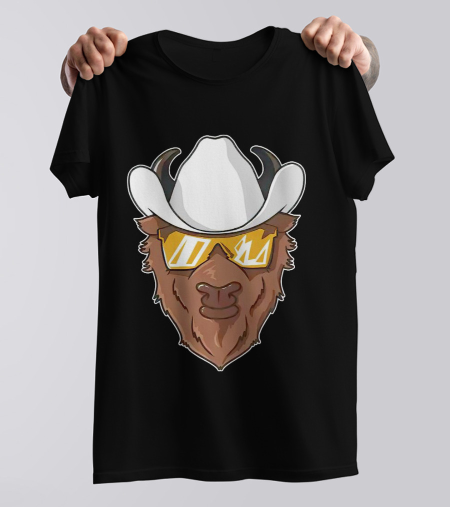 Cartoon Buffalo Wearing Cowboy Hats And Sunglasses T-Shirt