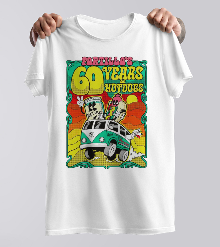 Portillo’s 60 Years Of Hotdogs Relish Relish Road Trip Cartoon Van Adventure T-Shirt