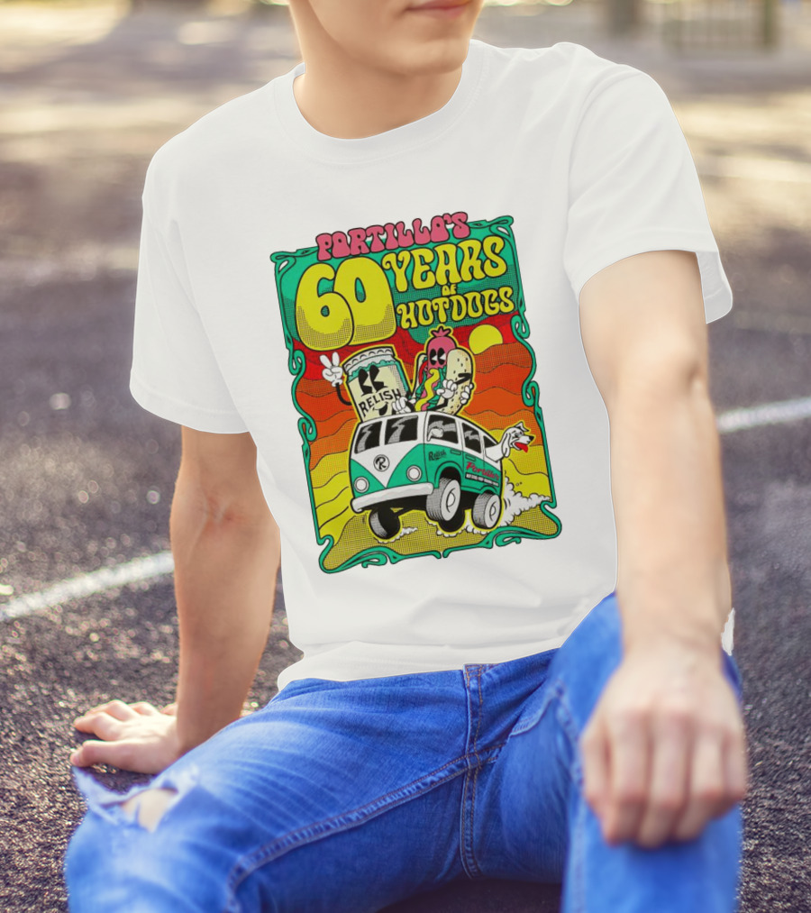 Portillo’s 60 Years Of Hotdogs Relish Relish Road Trip Cartoon Van Adventure T-Shirt