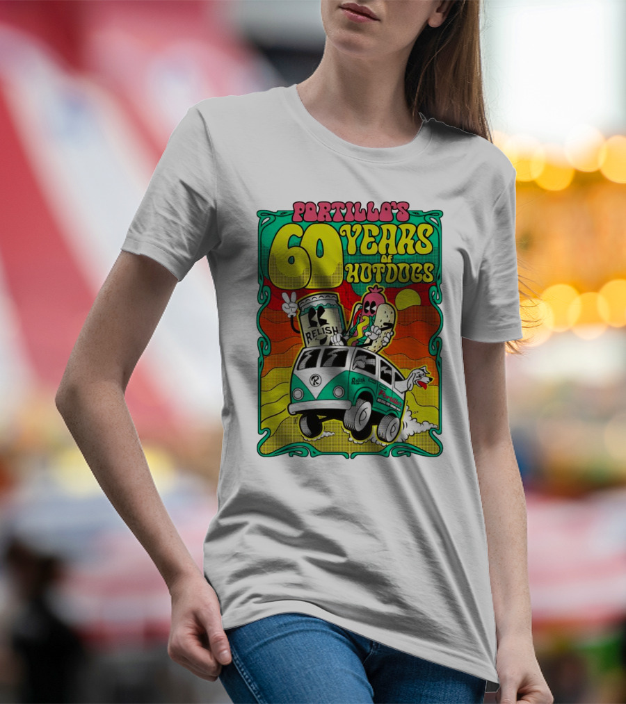 Portillo’s 60 Years Of Hotdogs Relish Relish Road Trip Cartoon Van Adventure T-Shirt