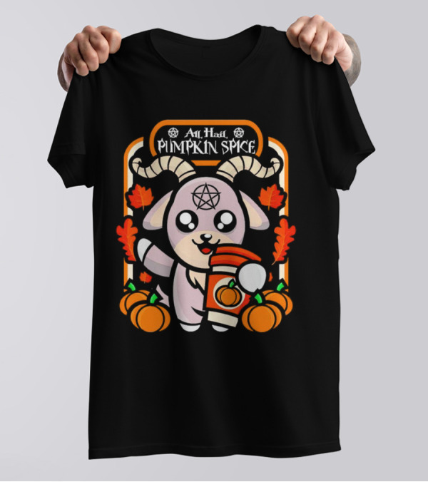 All Hail Pumpkin Spice Halloween Goat With Coffee, Pumpkins, And Pentagram T-Shirt
