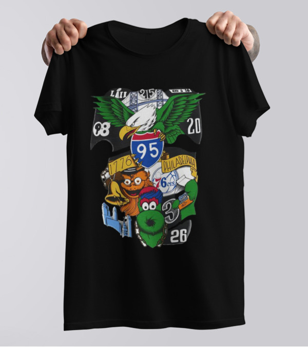Philadelphia 76ers Eagles 76ers Mascots 1776 I-95 LIII 93 20 3 26 T-Shirt