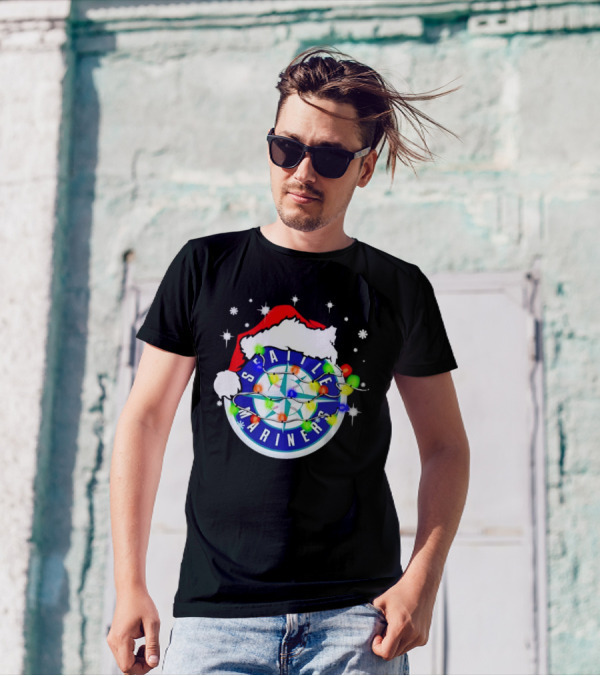 Santa Hat Seattle Mariners Christmas Lights Snowflakes T-Shirt