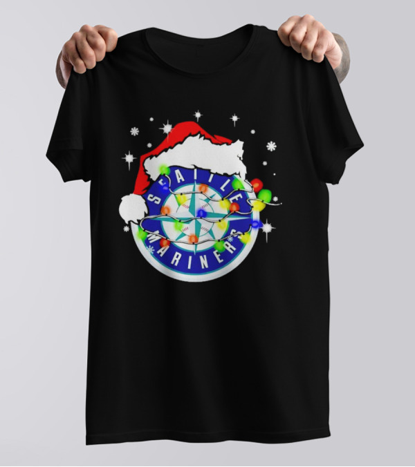 Santa Hat Seattle Mariners Christmas Lights Snowflakes T-Shirt