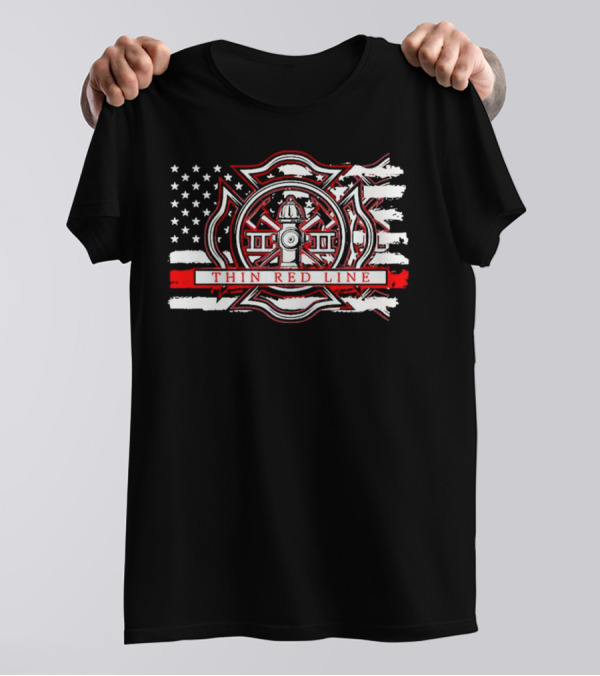 Thin Red Line USA Flag Firefighter Maltese Cross Hydrant T-Shirt