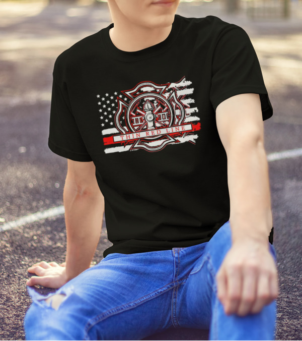 Thin Red Line USA Flag Firefighter Maltese Cross Hydrant T-Shirt