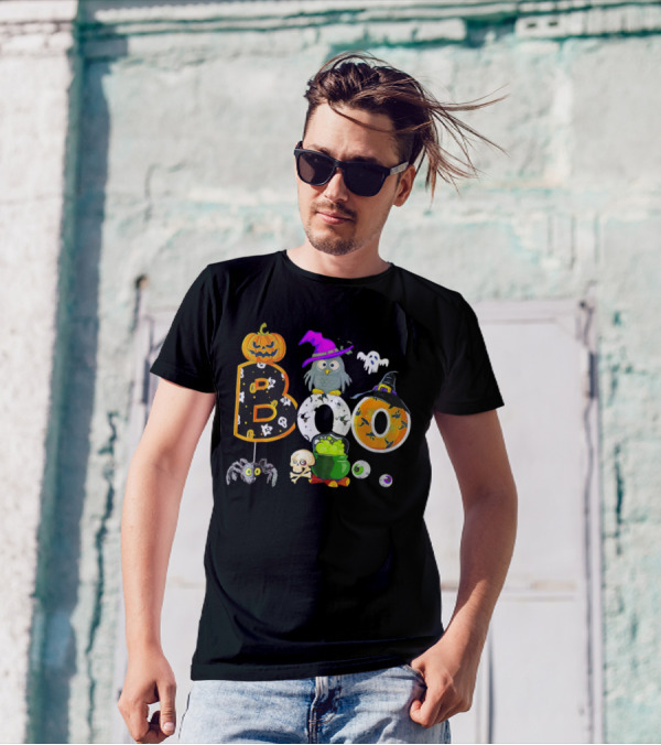 Boo Pumpkin Ghost Skull Owl Spider Witch Hat Cauldron Halloween T-Shirt