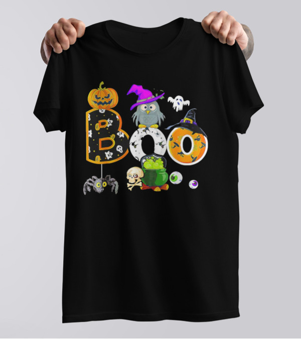 Boo Pumpkin Ghost Skull Owl Spider Witch Hat Cauldron Halloween T-Shirt