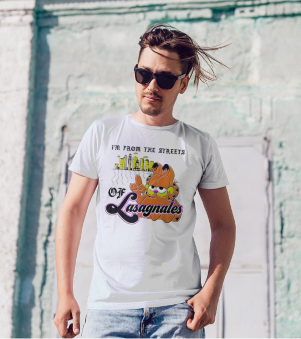 Garfield I'm From The Streets Of Lasagnales With City Skyline And Finger Pointing T-Shirt