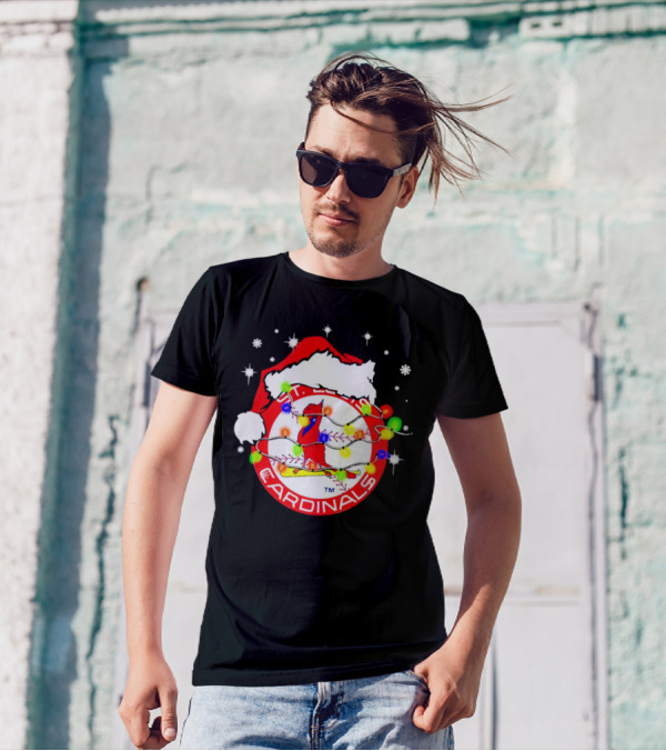Santa Hat St. Louis Cardinals Christmas Lights Holiday T-Shirt