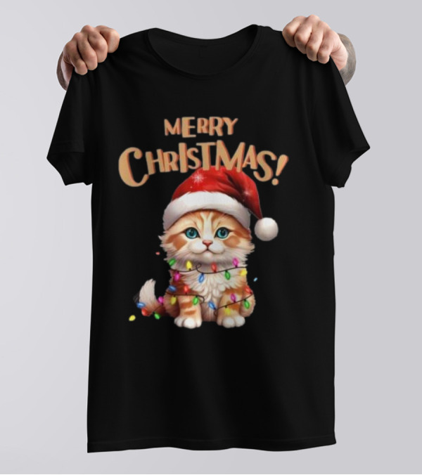 Merry Christmas Cat Santa With Lights T-Shirt