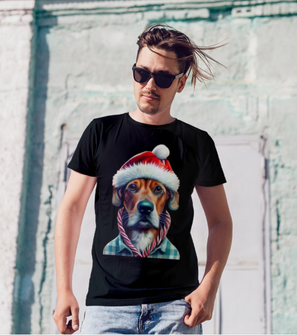 Dog In Santa Hat With Candy Cane Scarf Christmas T-Shirt