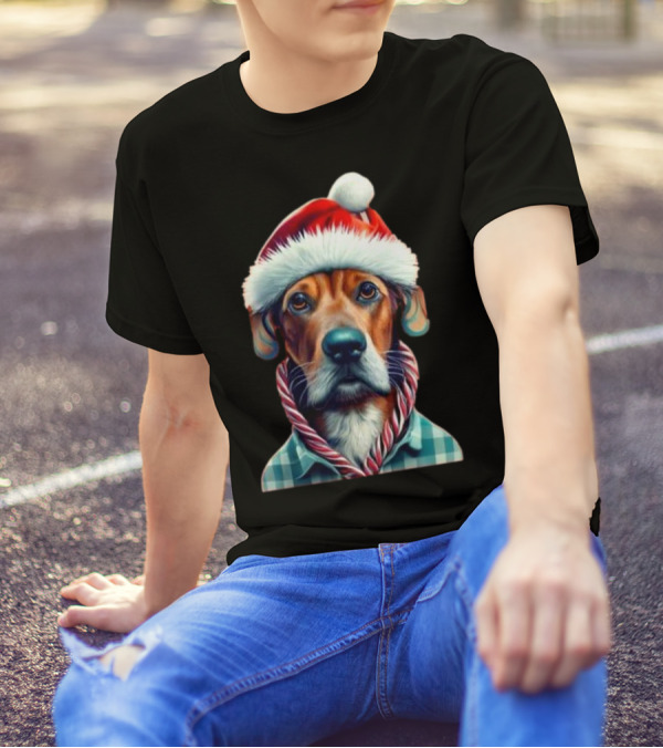 Dog In Santa Hat With Candy Cane Scarf Christmas T-Shirt