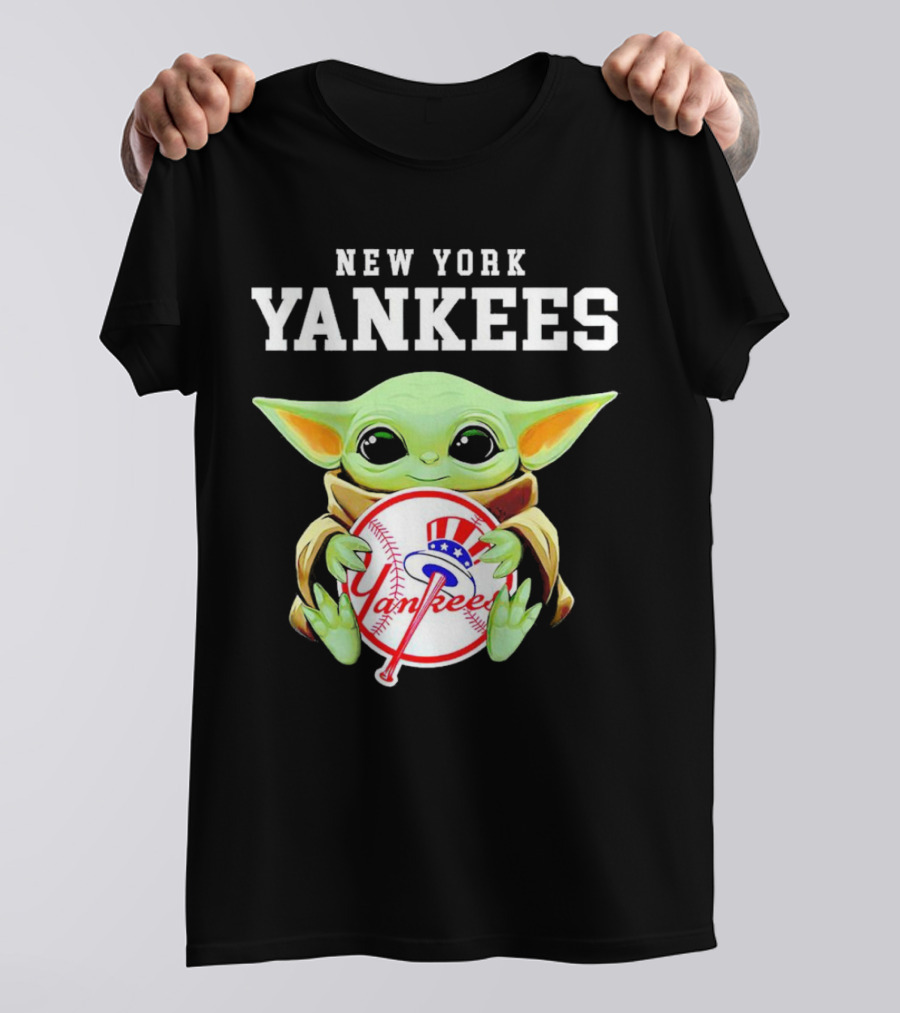New York Yankees Baby Yoda Holding Team Baseball Emblem T-Shirt