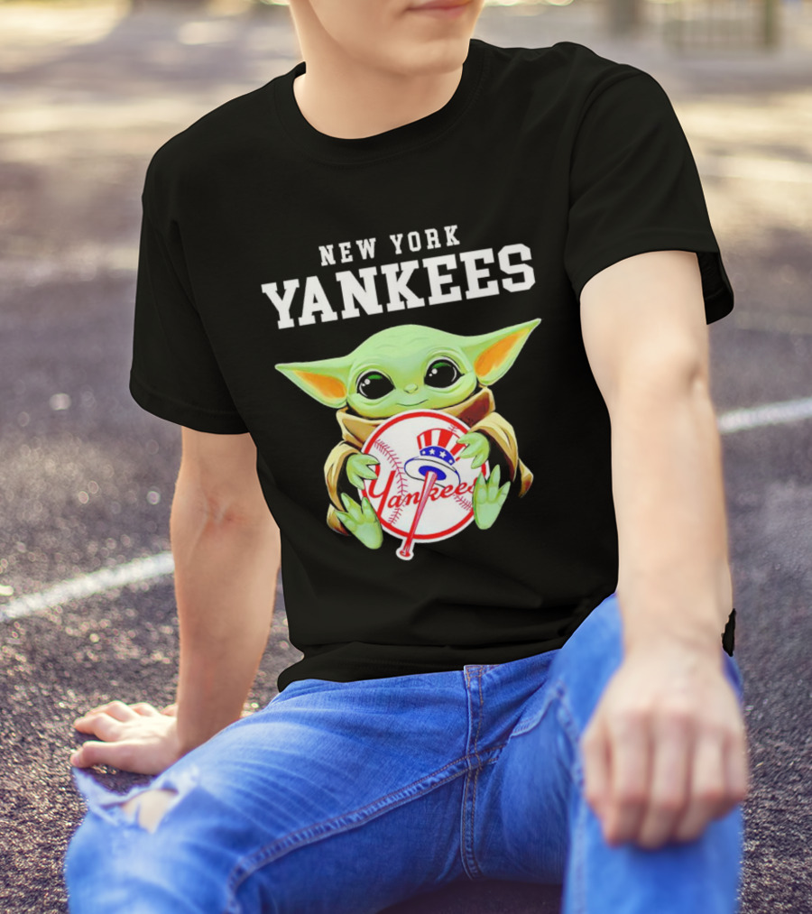New York Yankees Baby Yoda Holding Team Baseball Emblem T-Shirt