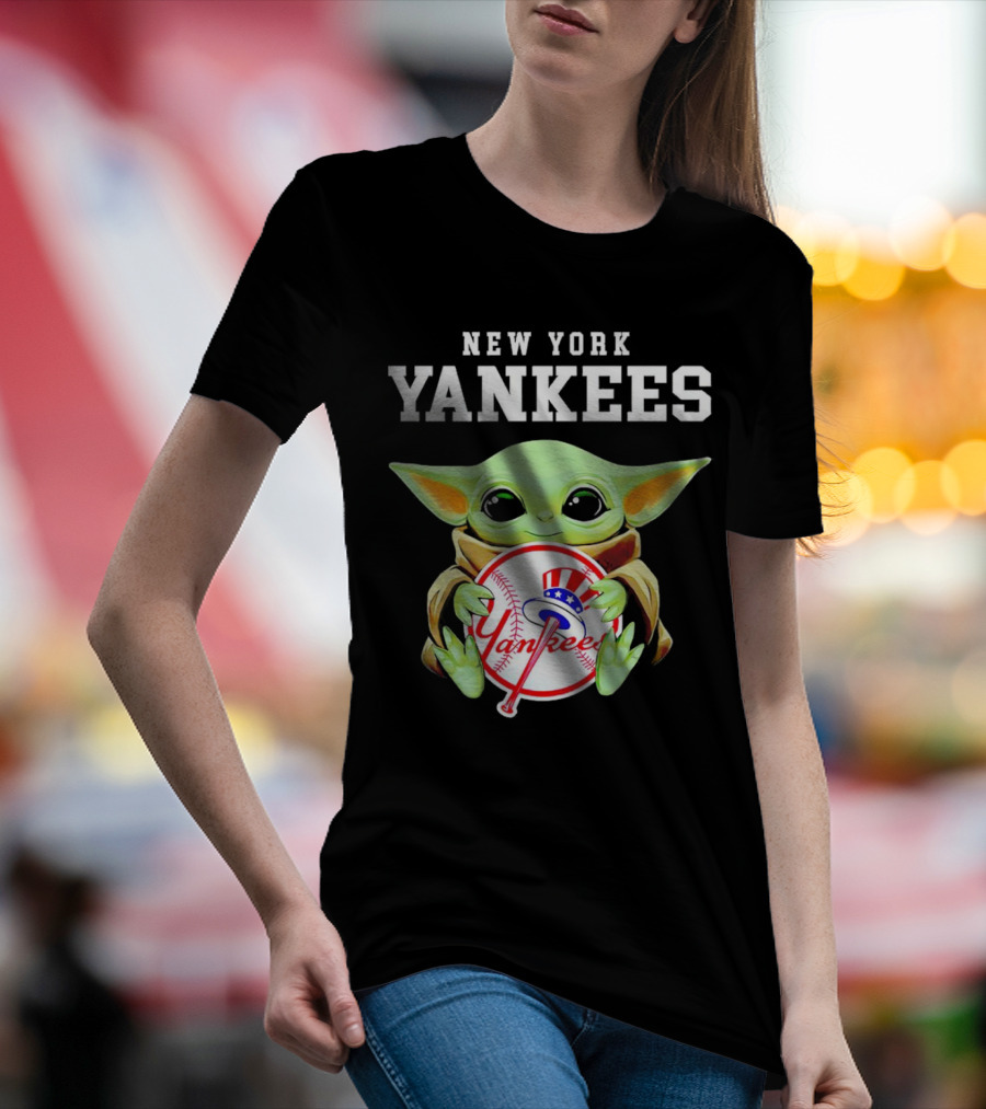 New York Yankees Baby Yoda Holding Team Baseball Emblem T-Shirt