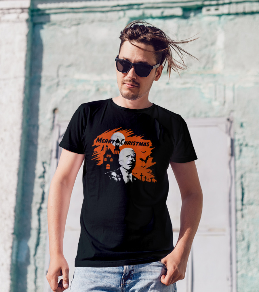 Biden Merry Christmas Halloween Haunted Church Graveyard Bats Orange Moon T-Shirt