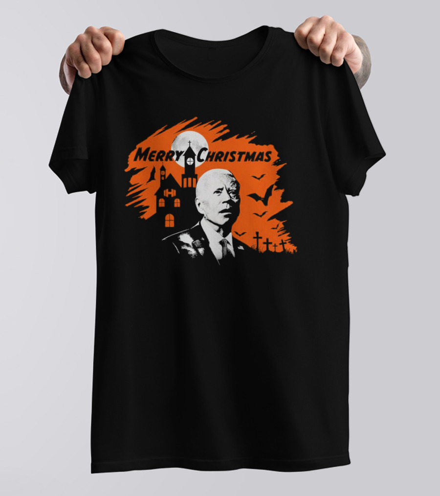 Biden Merry Christmas Halloween Haunted Church Graveyard Bats Orange Moon T-Shirt