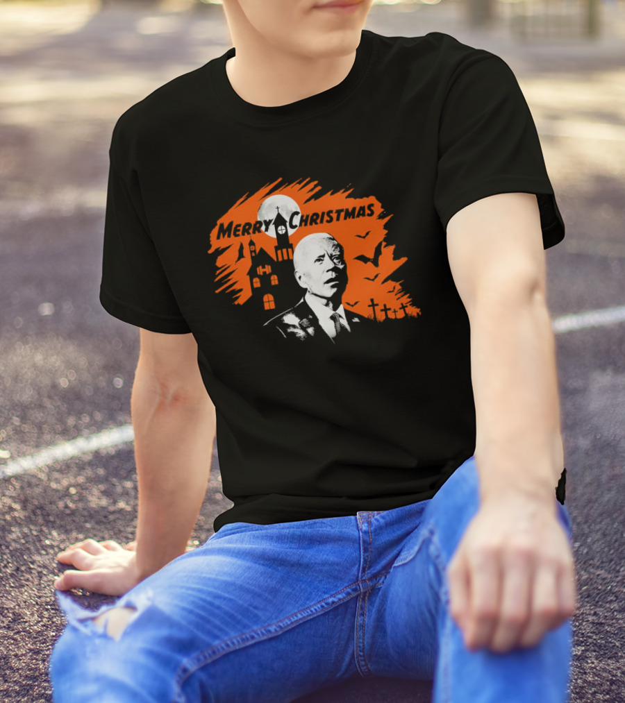 Biden Merry Christmas Halloween Haunted Church Graveyard Bats Orange Moon T-Shirt
