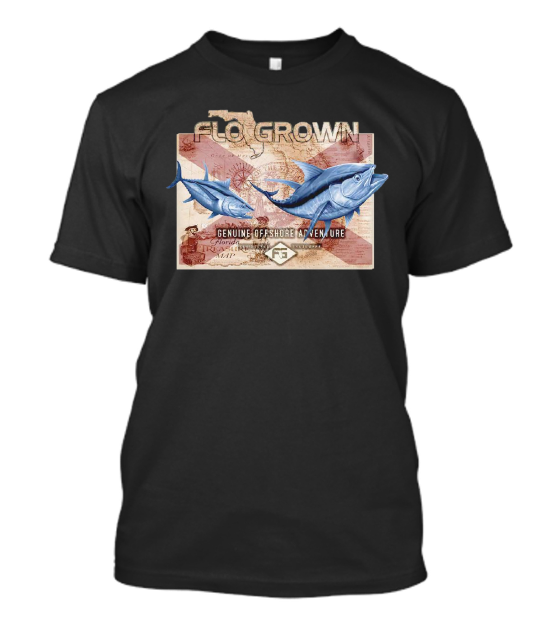 Flogrown Genuine Offshore Adventure Florida Treasure Map Blue Marlin T-Shirt