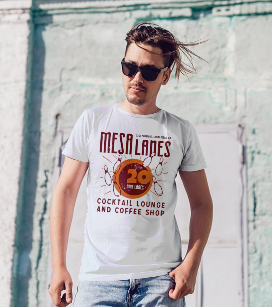 Mesa Lanes 20 Lane Costa Mesa Cocktail Lounge And Coffee Shop Retro Bowling Alley T-Shirt