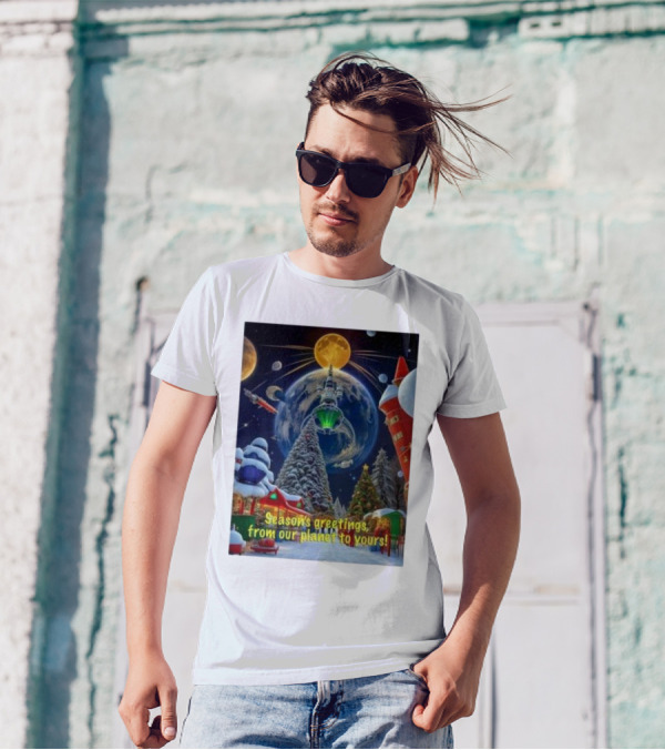 Season’s Greetings From Our Planet To Yours Christmas Scene With Snowy Trees And Space Elements T-Shirt