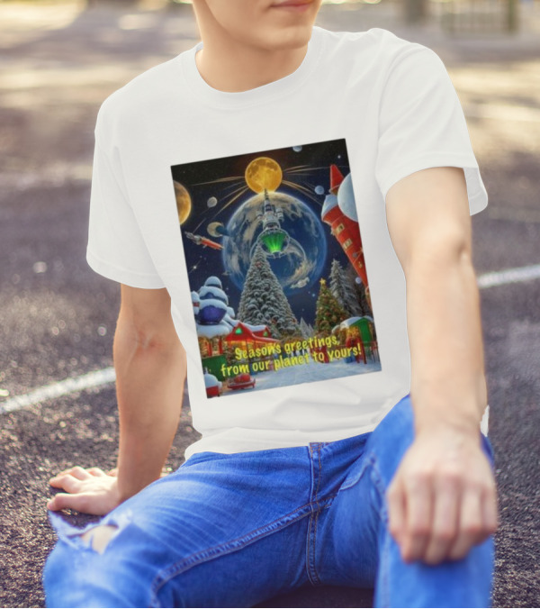 Season’s Greetings From Our Planet To Yours Christmas Scene With Snowy Trees And Space Elements T-Shirt