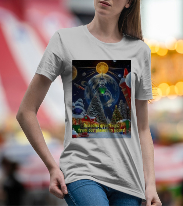 Season’s Greetings From Our Planet To Yours Christmas Scene With Snowy Trees And Space Elements T-Shirt