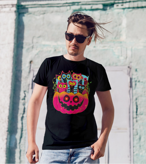 Neon Owls In Jack-o'-Lantern Halloween Party T-Shirt