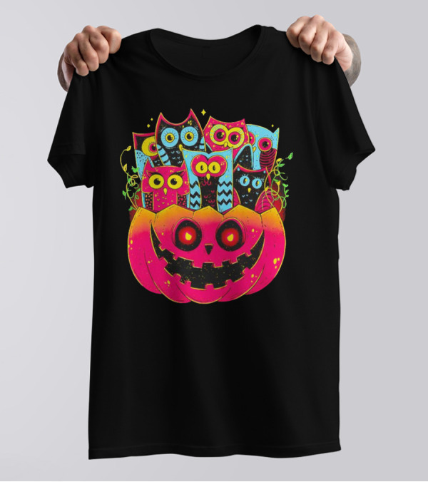 Neon Owls In Jack-o'-Lantern Halloween Party T-Shirt