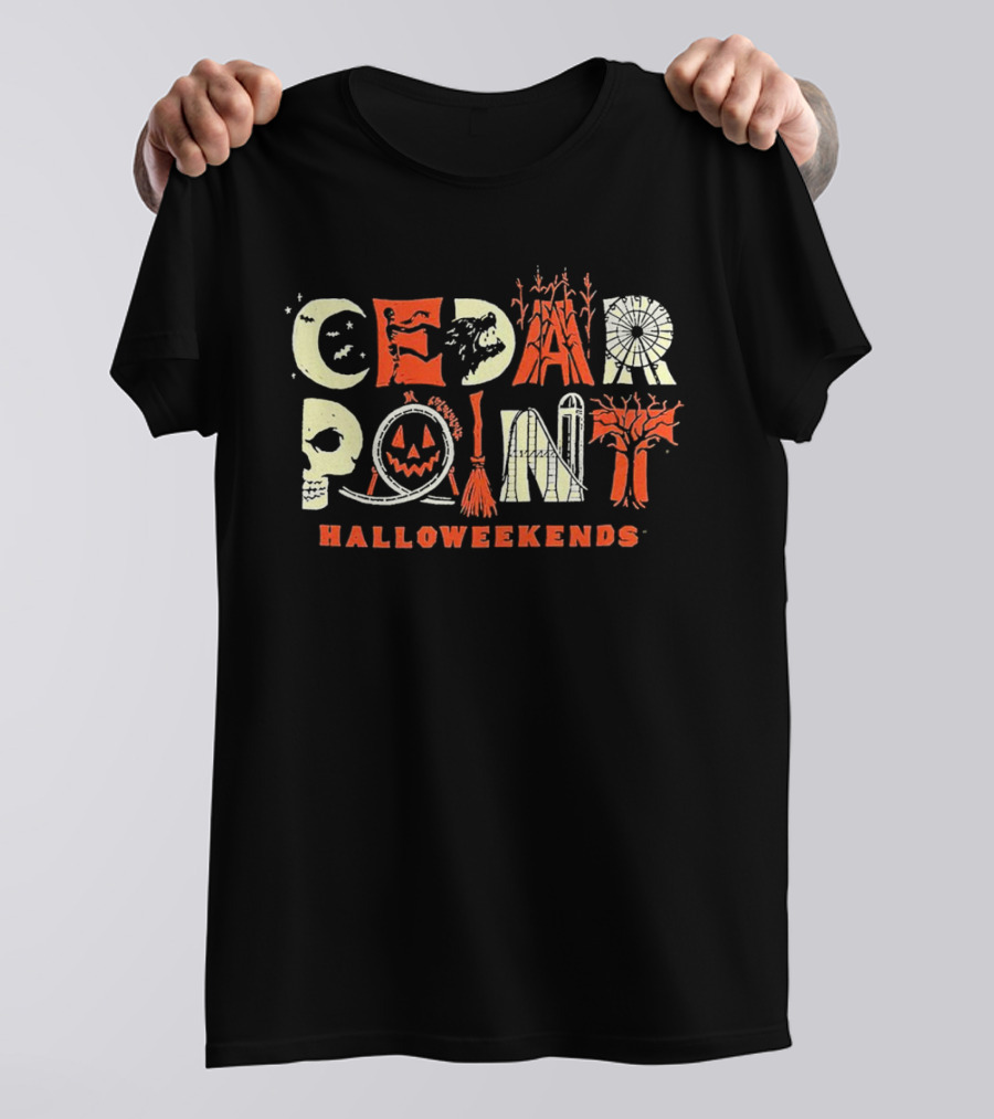 Cedar Point Halloweekends Halloween Spooky Skull Pumpkin Broomstick Haunted Tree T-Shirt