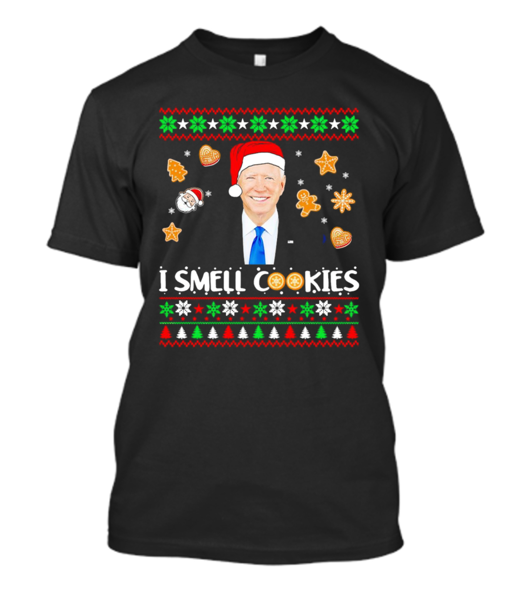 Joe Biden I Smell Cookies Christmas Santa Hat Gingerbread Snowflakes Holiday T-Shirt
