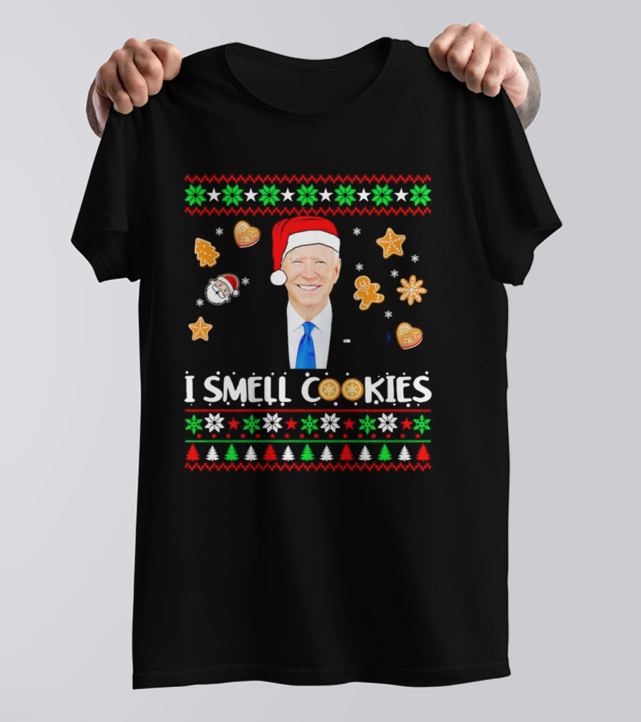 Joe Biden I Smell Cookies Christmas Santa Hat Gingerbread Snowflakes Holiday T-Shirt