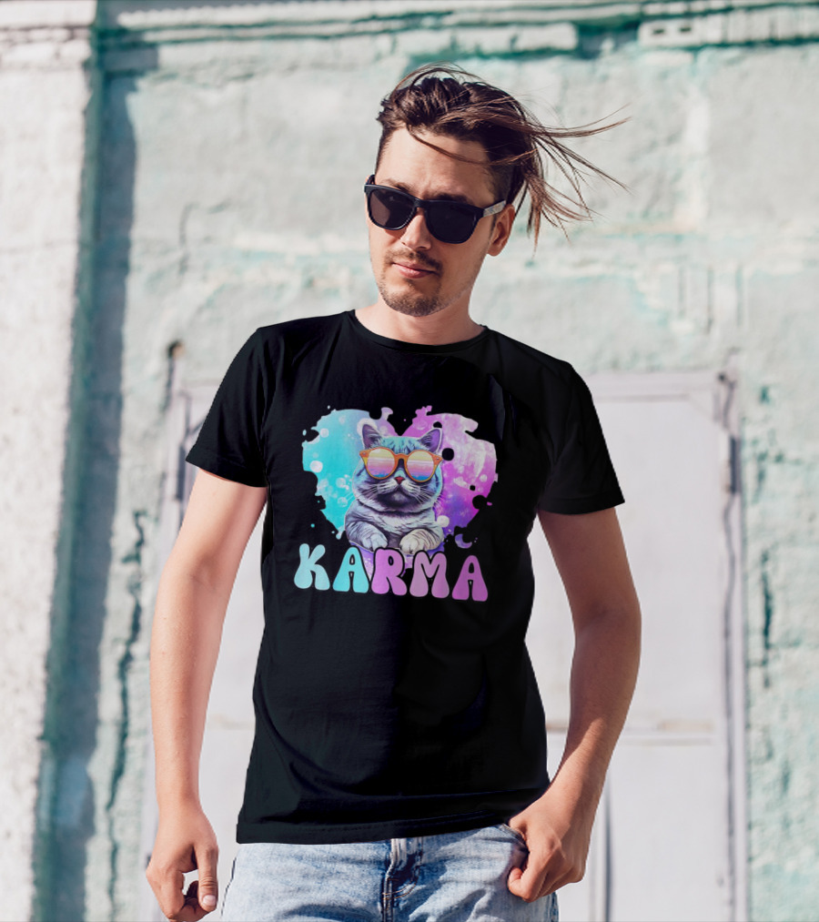 Karma Cat In Sunglasses With Heart-Shaped Watercolor Background T-Shirt